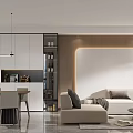 Modern Living Dining Room Interior Design With White Sofa Beige Lounge Chair Dining Table And Wooden Wall Decor