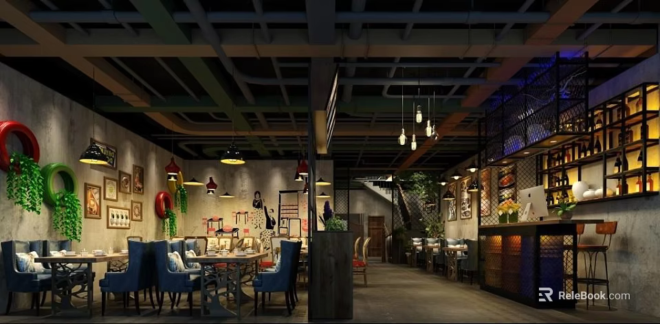 Modern Industrial Restaurant Interior With Open Layout Pendant Lights And Dining Tables Chairs 3d model 