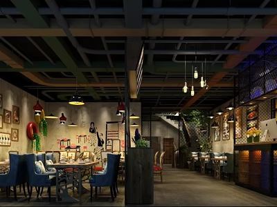 Modern Industrial Restaurant Interior With Open Layout Pendant Lights And Dining Tables Chairs 3d model