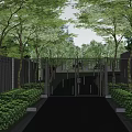 Entrance Gate Surrounded By Trees Lush Greenery And Driveway Between Walls