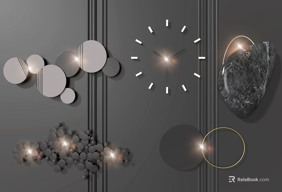 Modern Elegant Wall Decor with Circular Mirrors Wall Clock Illuminated Stone and Metallic Circle Clusters 3d model