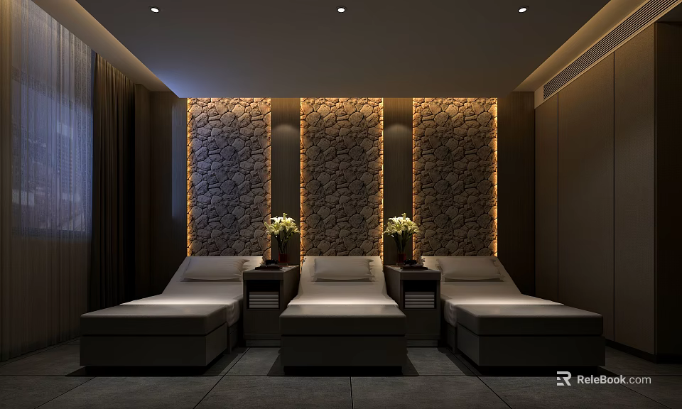 SPA Sauna Interior With Stone Walls Warm Lighting And Relaxing Loungers 3d model 