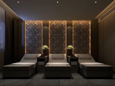 SPA Sauna Interior With Stone Walls Warm Lighting And Relaxing Loungers 3d model