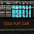 Stylish Cold Play Club KTV Interior With Bar Counter Wine Bottles Glasses And Modern Lighting