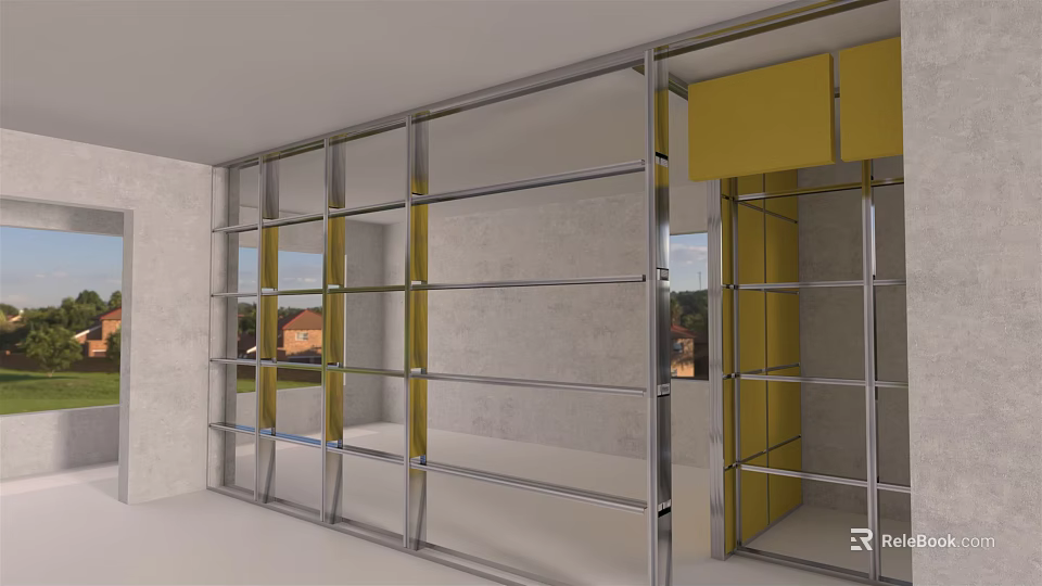 Modern Open Concept Kitchen Interior With Glass Partition And Yellow Cabinets 3d model 