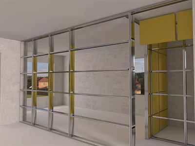 Modern Open Concept Kitchen Interior With Glass Partition And Yellow Cabinets 3d model