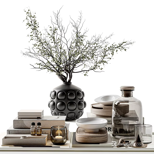 Modern Decorative Ornament Set With Black Dotted Vase Branches Ceramic Plates Glass Bottle And Books 3d model 