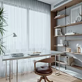 Modern Study Room With Wooden Desk Leather Chair Shelves And Natural Light From Window