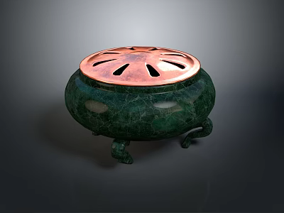 Elegant Traditional Tea Set With Green Jade Body Copper Perforated Lid And Three Legs 3d model