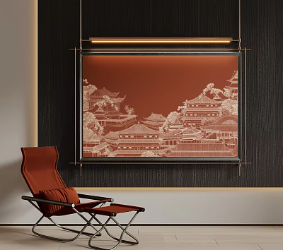 Red Chinese Architecture Relief Painting With Orange Chair In Modern Interior Decor 3d model