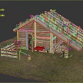 Traditional Wooden House With Green Grass Roof Wooden Door Firewood Stack Fence And Barrel