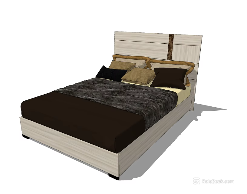 Double Bed With Wooden Frame White Headboard And Dark Bedding Pillows 3d model 