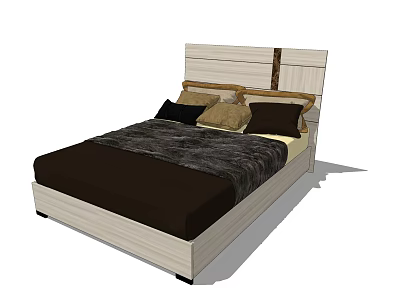 Double Bed With Wooden Frame White Headboard And Dark Bedding Pillows 3d model