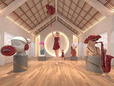 Art Gallery Interior Displaying Sculptures Woman Figure Red Balloon And Wooden Ceiling 3d model