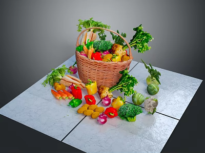 Fresh Colorful Vegetables in Wicker Basket with Scattered Carrots Bell Peppers and Broccoli 3d model