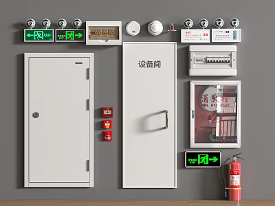 Wall Mounted Fire Safety Equipment Including Fire Doors Alarm Devices Emergency Lights And Fire Extinguisher 3d model