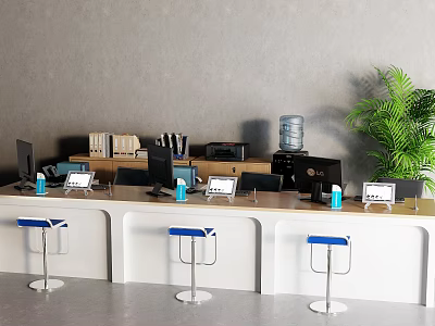 Modern Office Desk Workstation With Blue Bar Stools Green Plant And Water Dispenser 3d model