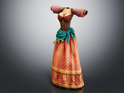 Red Floral Pattern Dress With Puffed Sleeves Green Sash And Fitted Waist 3d model