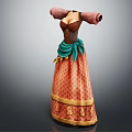 Red Floral Pattern Dress With Puffed Sleeves Green Sash And Fitted Waist