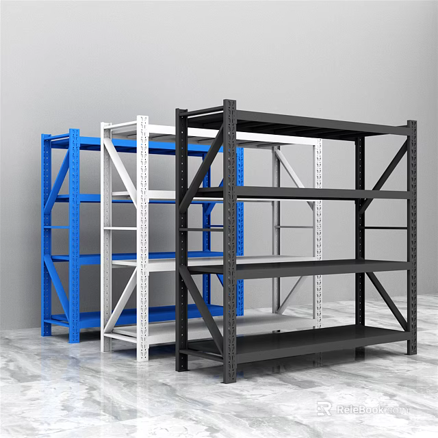 Blue White And Black Metal Display Shelves With Multiple Tiers For Storage 3d model 