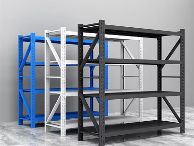 Blue White And Black Metal Display Shelves With Multiple Tiers For Storage 3d model