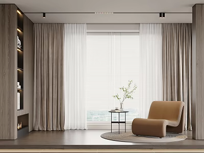 Modern Living Room Curtains With Sheer Panels Neutral Tones And Armchair Near Window 3d model