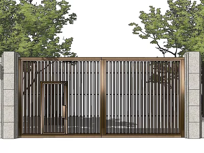Modern Metal Entrance Gate With Vertical Slats And Stone Pillars Surrounded By Trees 3d model