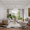 Elegant Living And Dining Area With Chandelier Large Windows Green Plants Beige Armchair And Checkered Cabinet