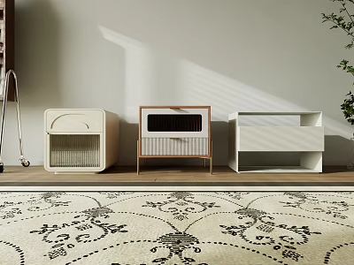 Three Modern Bedside Tables With Drawers And Woven Panels In Bedroom Interior Design 3d model