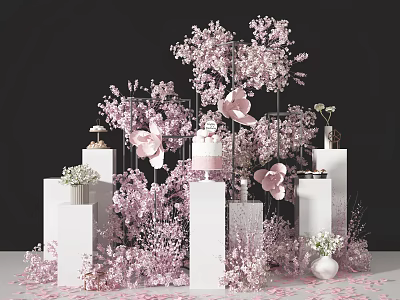 Elegant Pink Floral Installation With White Pedestals Cake And Scattered Petals 3d model
