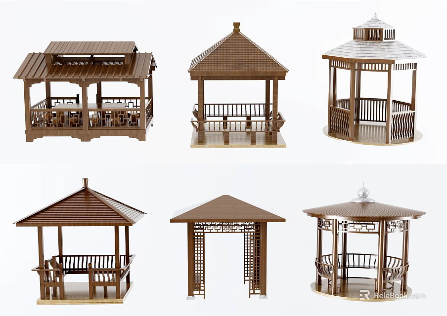 Various Styles of Wooden Gazebo Models with Different Roof and Structure Designs 3d model 