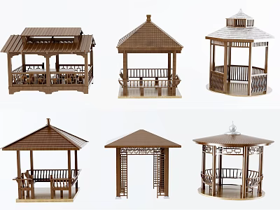Various Styles of Wooden Gazebo Models with Different Roof and Structure Designs 3d model