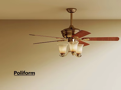 Poliform Ceiling Fan With Wooden Blades And Decorative Light Fixtures 3d model