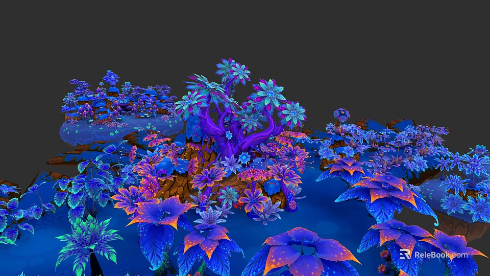 Vibrant Botanical Plant Painting With Purple Blue Pink Flowers And Leaves 3d model 