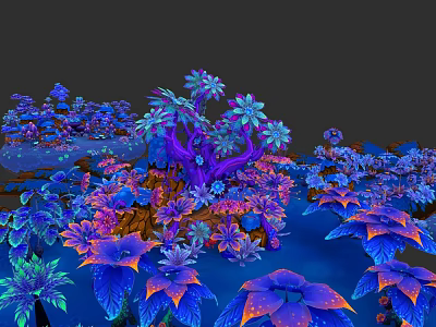 Vibrant Botanical Plant Painting With Purple Blue Pink Flowers And Leaves 3d model