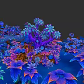 Vibrant Botanical Plant Painting With Purple Blue Pink Flowers And Leaves