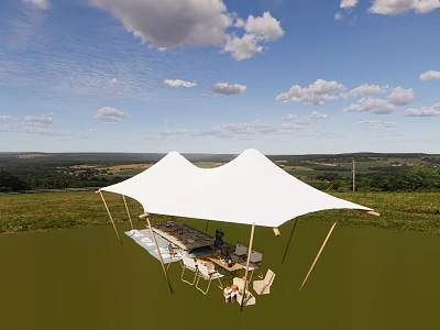 Outdoor Garden Setup With White Tent Tables Chairs And Scenic Grass Meadow 3d model