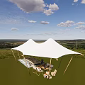 Outdoor Garden Setup With White Tent Tables Chairs And Scenic Grass Meadow
