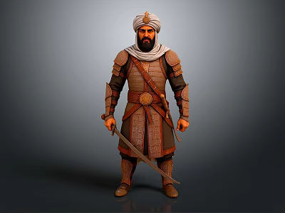 Man In Ancient Warrior Traditional Armor With Turban And Sword Standing 3d model