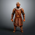 Man In Ancient Warrior Traditional Armor With Turban And Sword Standing