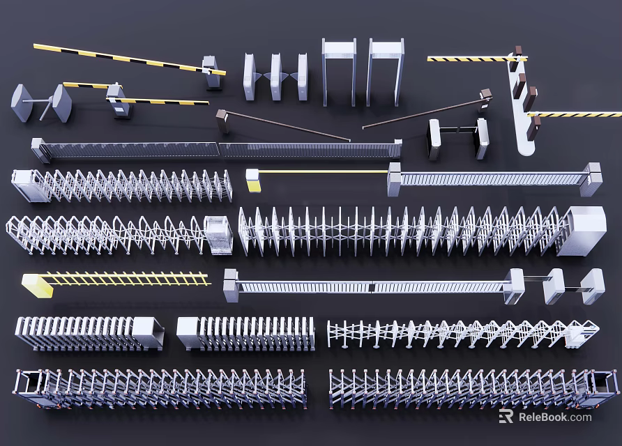 Various Security Equipment Including Barbed Wire Spiked Barriers and Metal Fences 3d model 