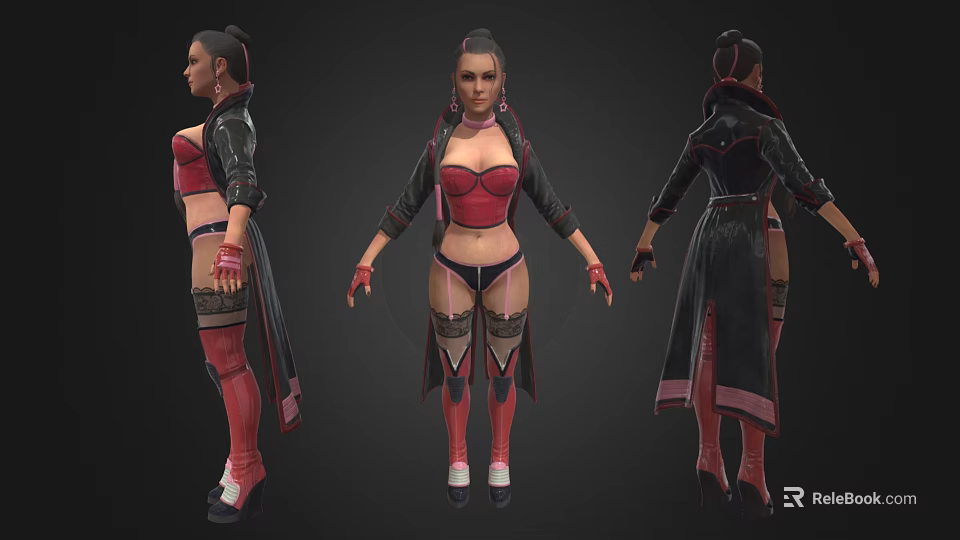 Detailed Female Character in Red Black Outfit with Long Coat Boots and Stockings Three Angles 3d model 