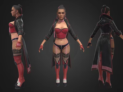 Detailed Female Character in Red Black Outfit with Long Coat Boots and Stockings Three Angles 3d model