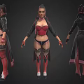 Detailed Female Character in Red Black Outfit with Long Coat Boots and Stockings Three Angles