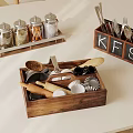 Wooden Kitchen Utensil Storage With Spices Jars Spoons And Cutlery Organizer