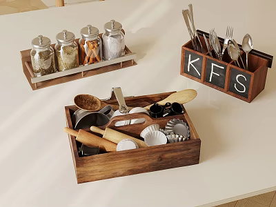 Wooden Kitchen Utensil Storage With Spices Jars Spoons And Cutlery Organizer 3d model