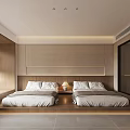 Modern Hotel Room With Double Beds Desk Chair And Green View Through Blinds
