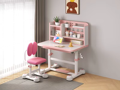 Pink Children's Study Desk With Butterfly Back Chair Adjustable Height Wheels And Stationery On Table 3d model