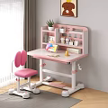 Pink Children's Study Desk With Butterfly Back Chair Adjustable Height Wheels And Stationery On Table