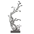 Abstract Silver Metallic Sculpture With Curved Fluid Branches And Square Base 3d model